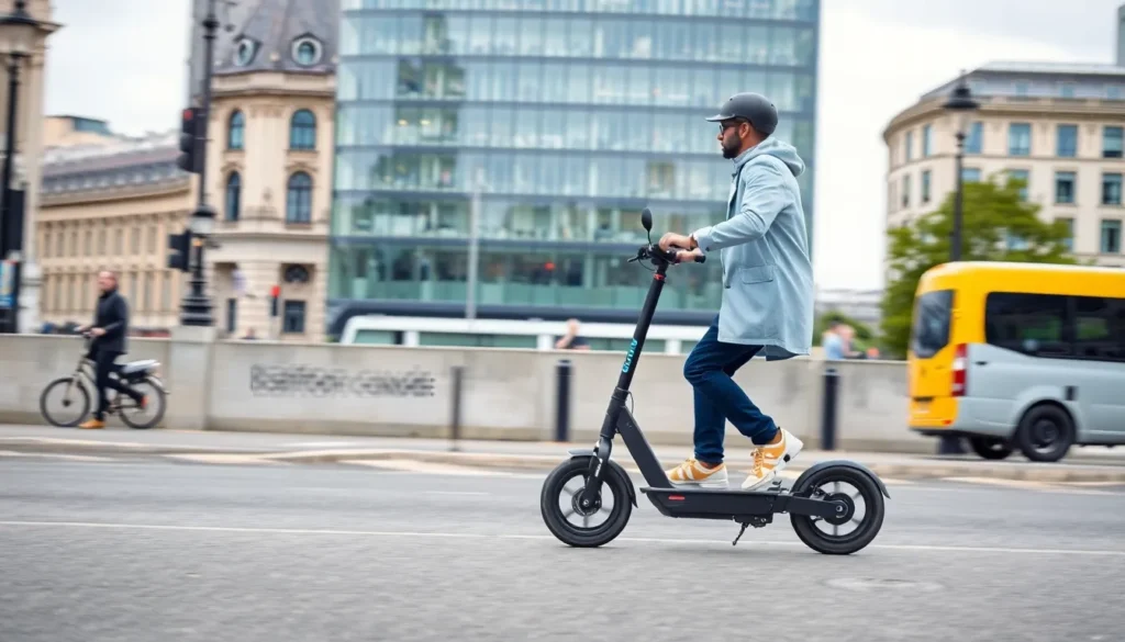 an e-scooter being ridden on a public road.