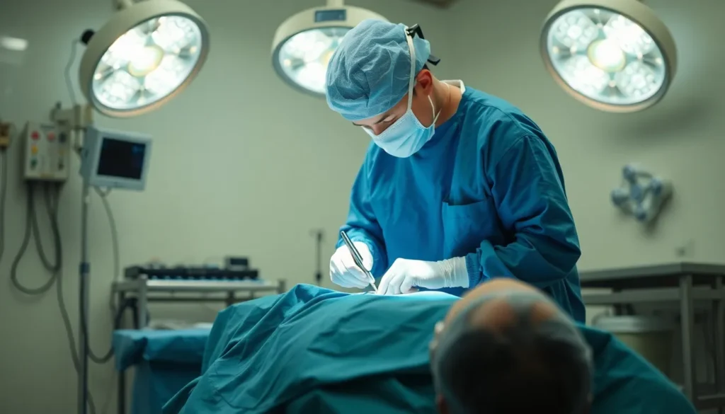 A photo of a surgeon treating a patient in an operating theatre.