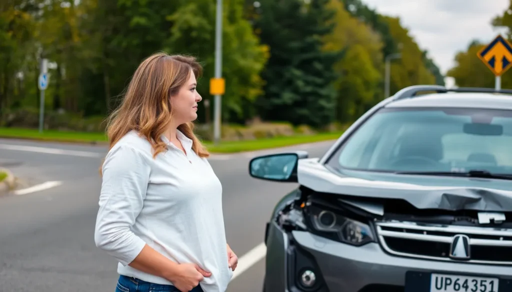 A woman stood alone examining damage to her car after a hit-and-run accident.
